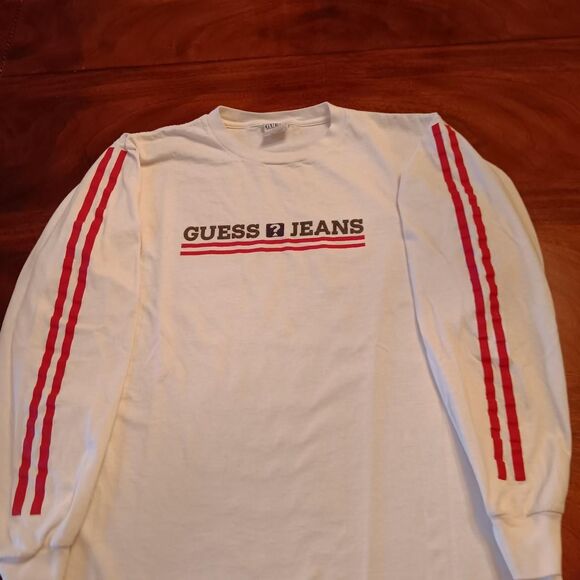 GUESS Jeans Logo White Long Sleeve Tee Men's M Red Striped Sleeves VTG - Picture 4 of 4